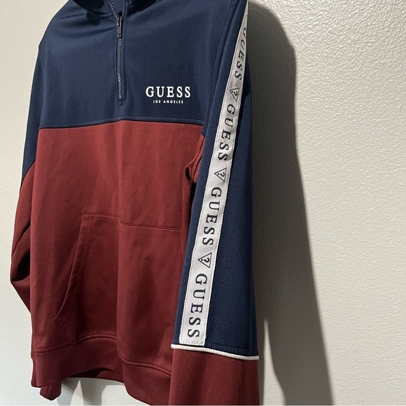 GUESS- Half Zip Sweater in Maroon and Navy Blue With Logo on arms Size M - Picture 3 of 4